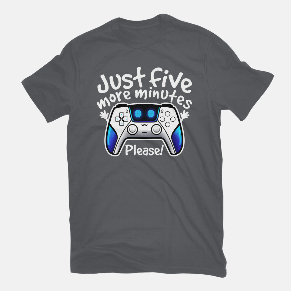 Just Five More Minutes Astro – Gaming Graphic T-Shirt in charcoal, flat-lay product view