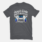 Just Five More Minutes Astro – Gaming Graphic T-Shirt in charcoal, flat-lay product view