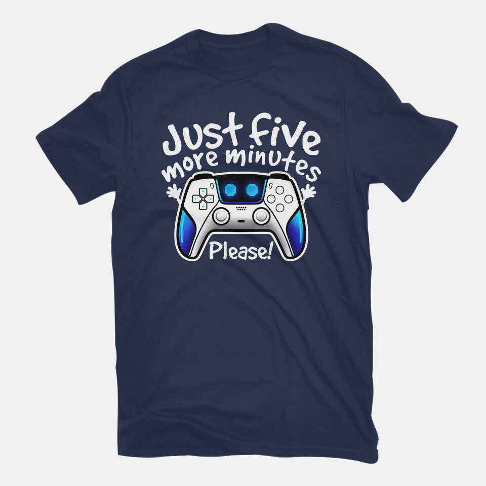 Just Five More Minutes Astro – Gaming Graphic T-Shirt in navy, flat-lay product view