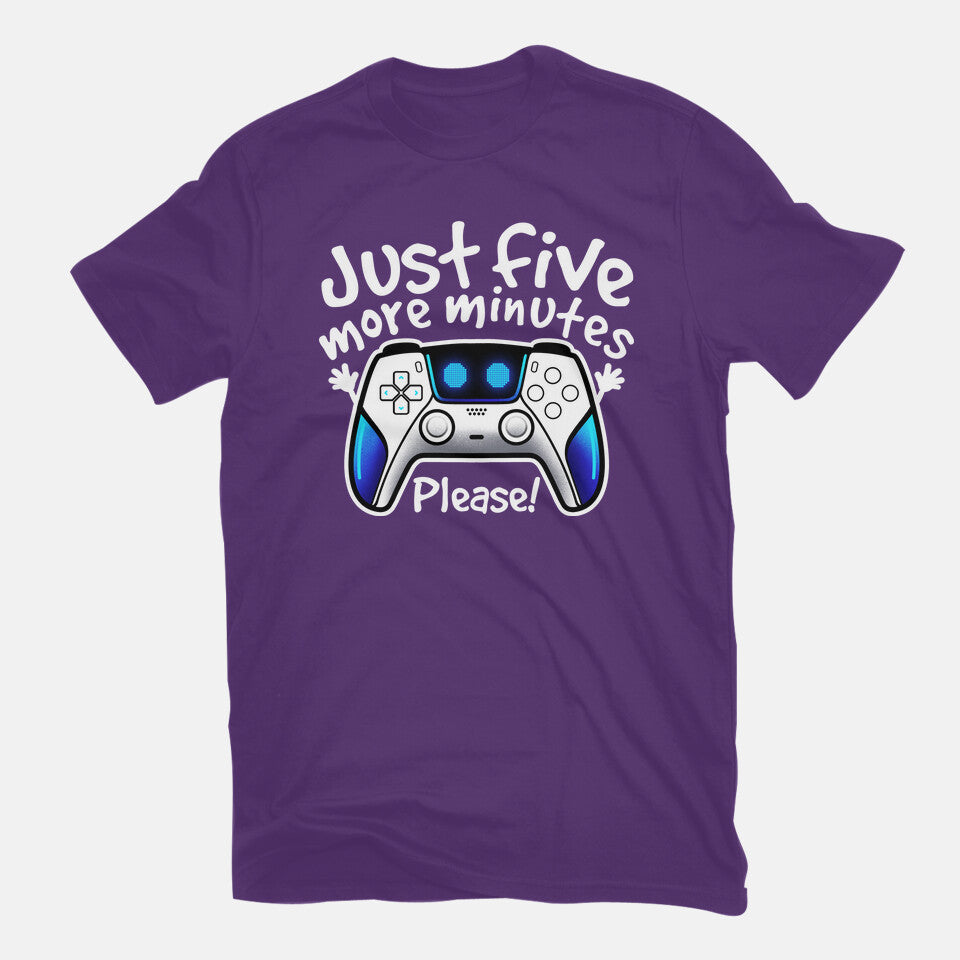 Just Five More Minutes Astro – Gaming Graphic T-Shirt in purple, flat-lay product view