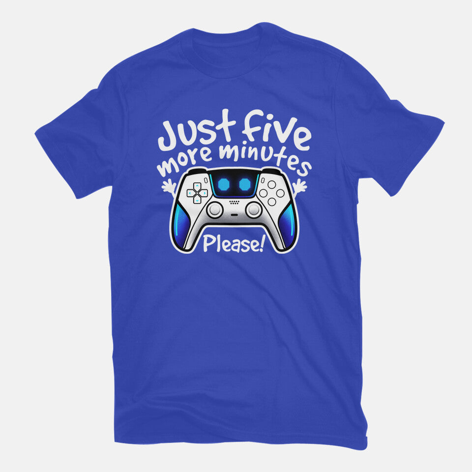 Just Five More Minutes Astro – Gaming Graphic T-Shirt in royal blue, flat-lay product view