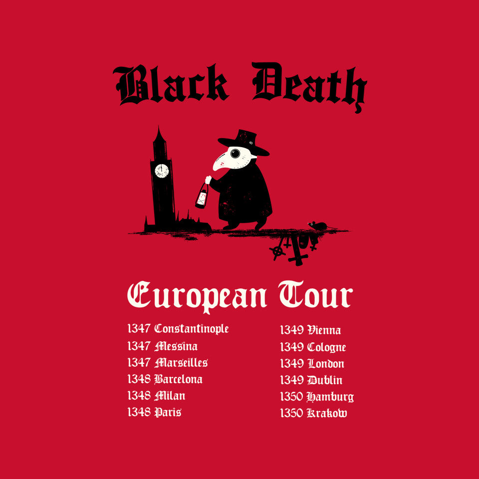 Black Death European Tour – Music Graphic T-Shirt design artwork for red graphic T-shirt