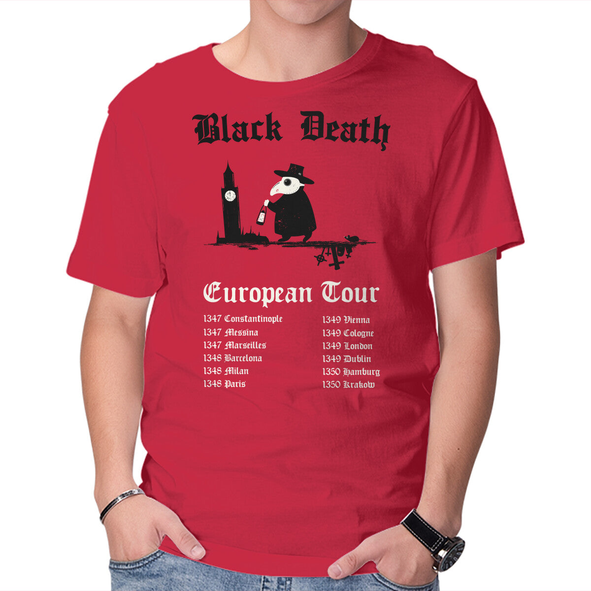 Black Death European Tour – Music Graphic T-Shirt in red, product display