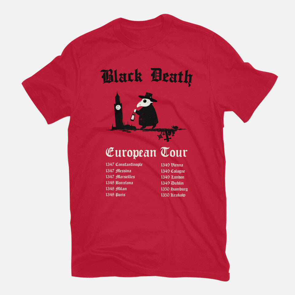 Black Death European Tour – Music Graphic T-Shirt in red, flat-lay product view
