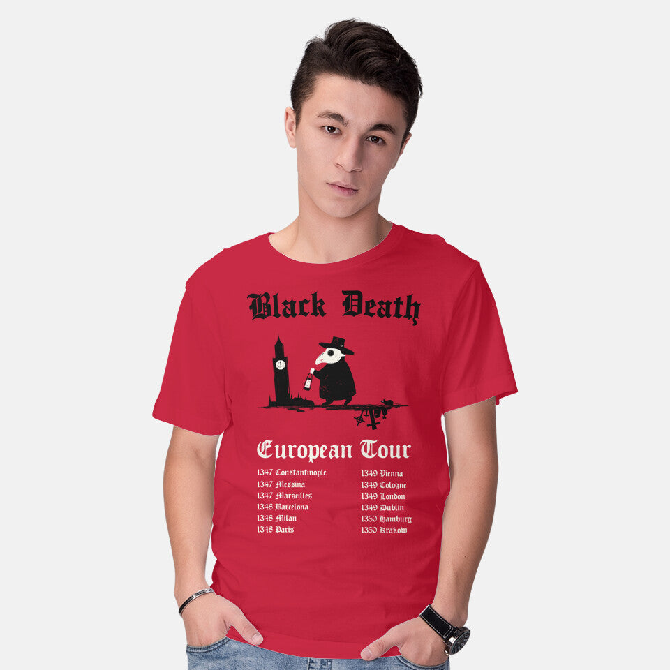 Model wearing red Black Death European Tour – Music Graphic T-Shirt