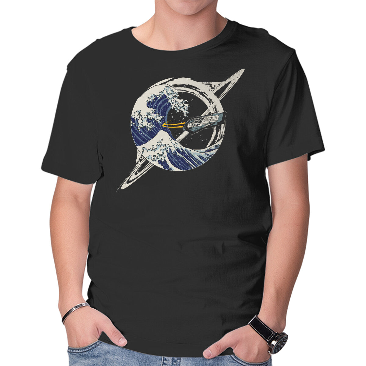 Interstellar Kanagawa Wave – Sci-Fi Graphic T-Shirt in black, product display