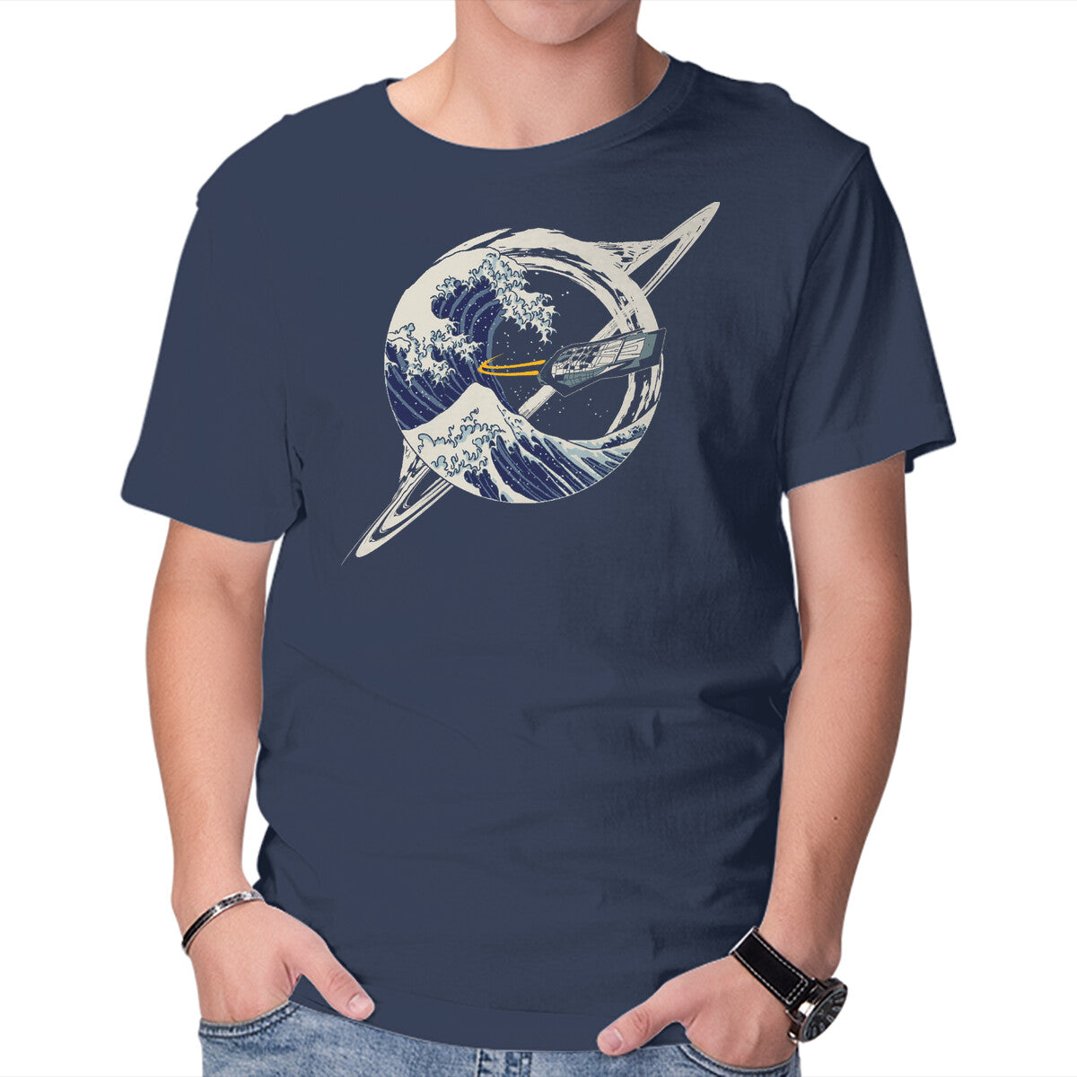 Interstellar Kanagawa Wave – Sci-Fi Graphic T-Shirt in navy, product display