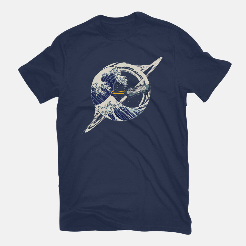 Interstellar Kanagawa Wave – Sci-Fi Graphic T-Shirt in navy, flat-lay product view
