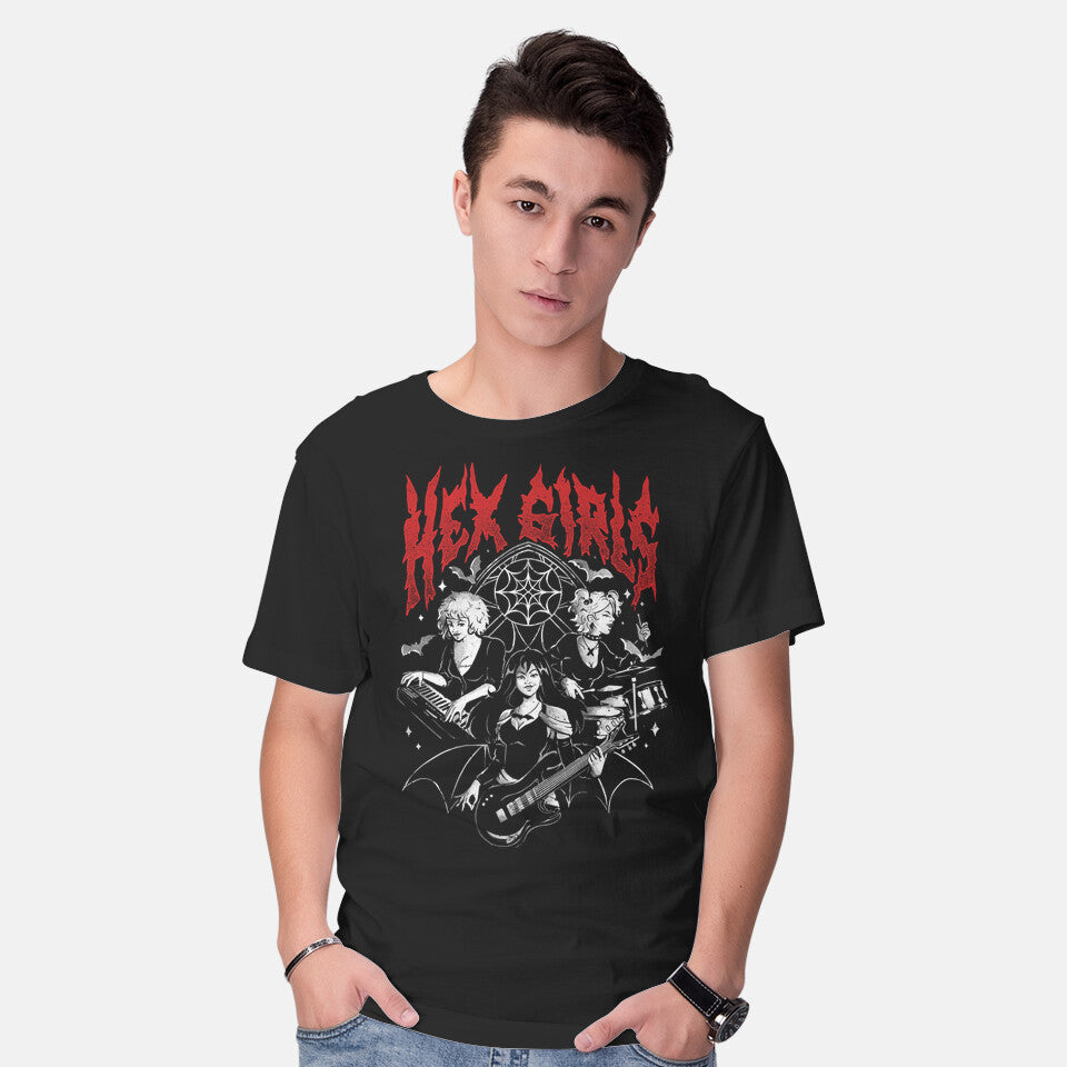 Model wearing black Hex Girls – Halloween Graphic T-Shirt