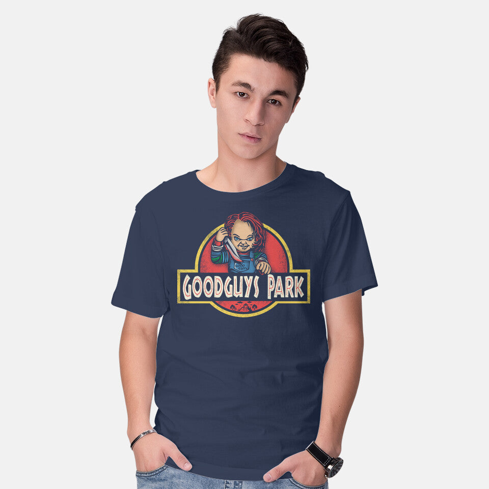 Model wearing navy Good Guys Park – Horror Graphic T-Shirt