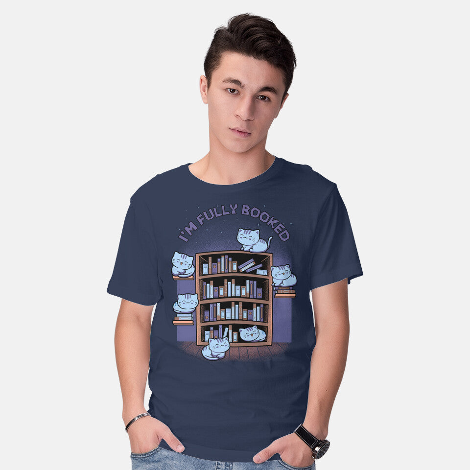 Model wearing navy I Am Booked – Cat Graphic T-Shirt