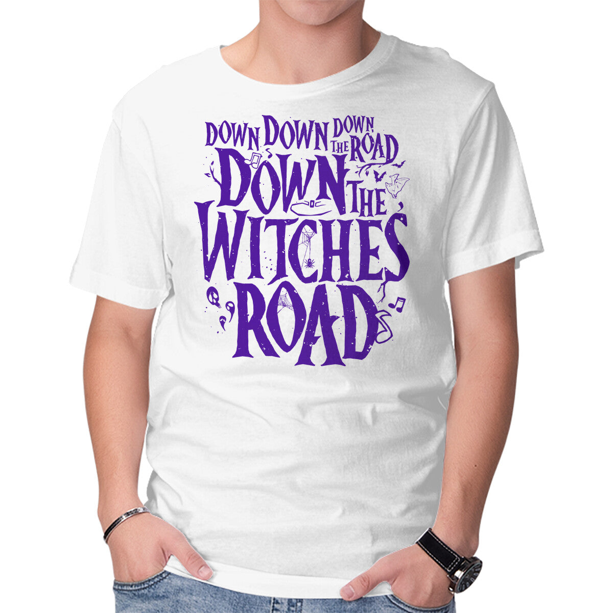 Down The Witches Road – Fantasy Graphic T-Shirt in white, product display