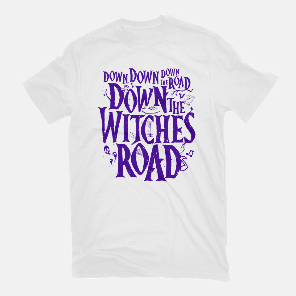 Down The Witches Road – Fantasy Graphic T-Shirt in white, flat-lay product view