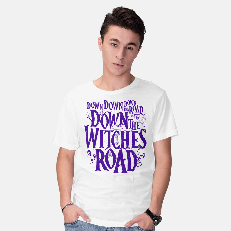 Model wearing white Down The Witches Road – Fantasy Graphic T-Shirt