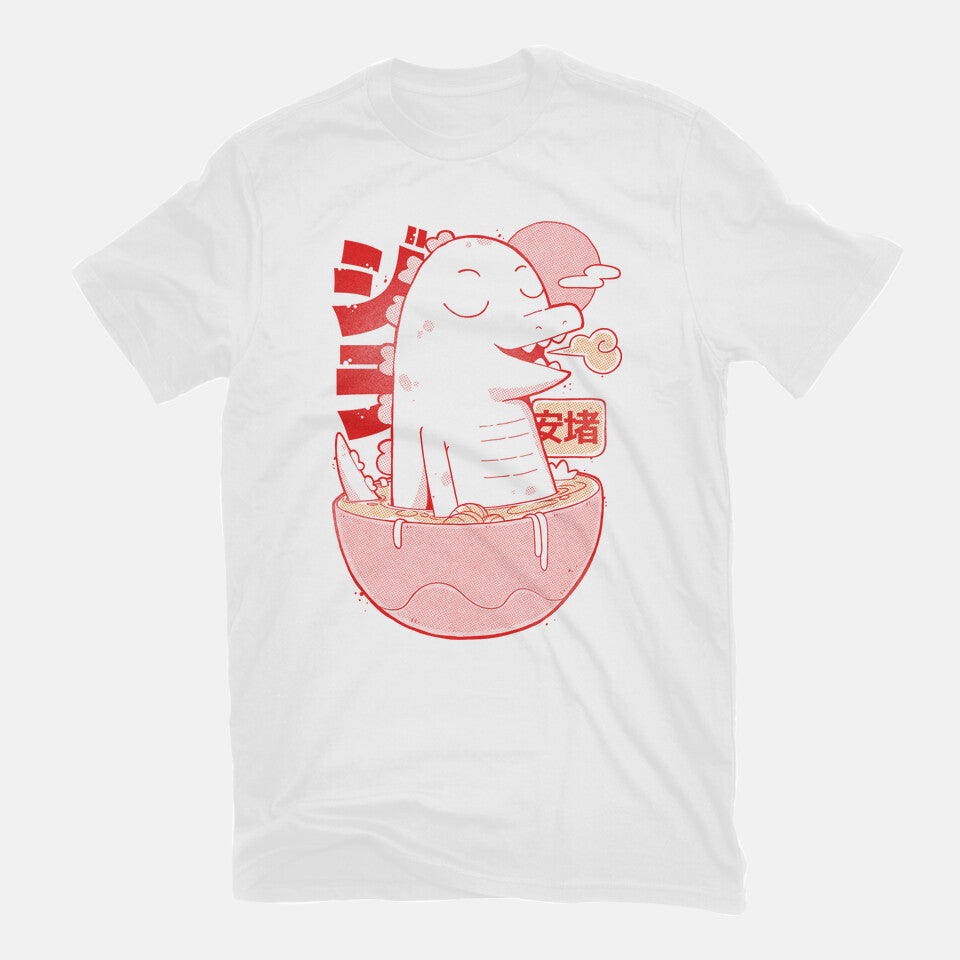 Ramen Dino – Dinosaur Graphic T-Shirt in white, flat-lay product view