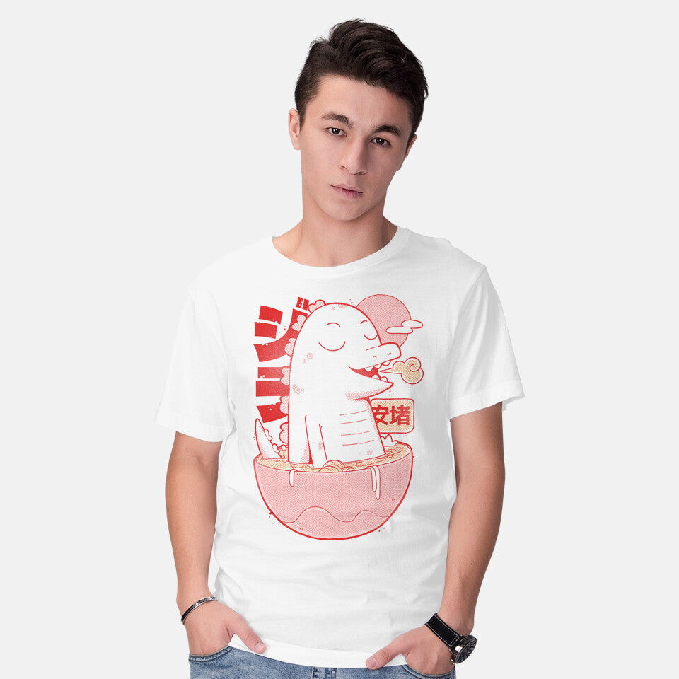 Model wearing white Ramen Dino – Dinosaur Graphic T-Shirt