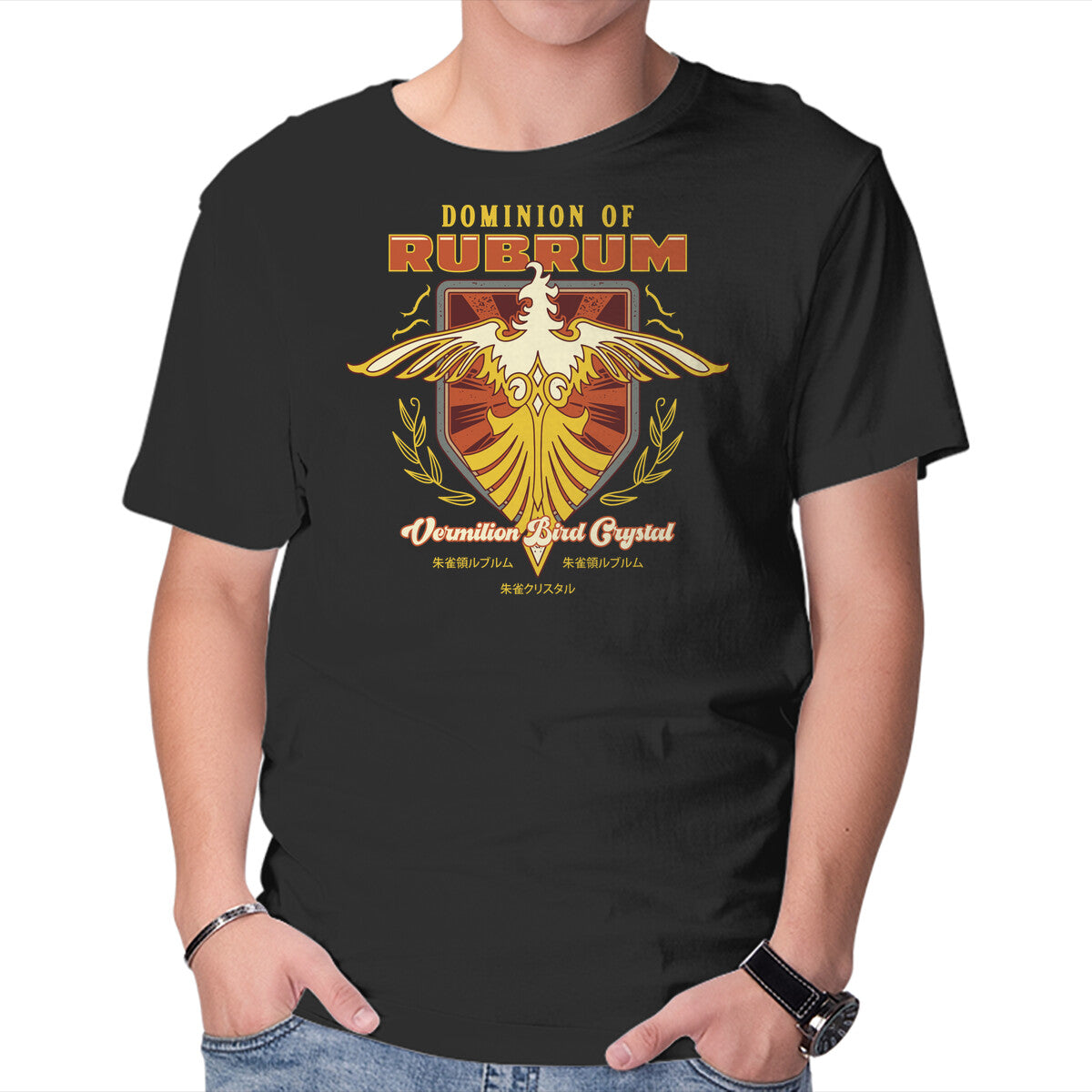 Rubrum Bird Emblem – Gaming Graphic T-Shirt in black, product display