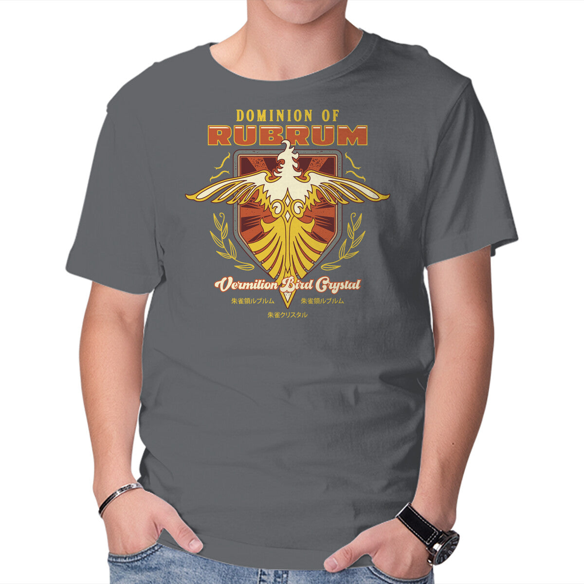 Rubrum Bird Emblem – Gaming Graphic T-Shirt in charcoal, product display