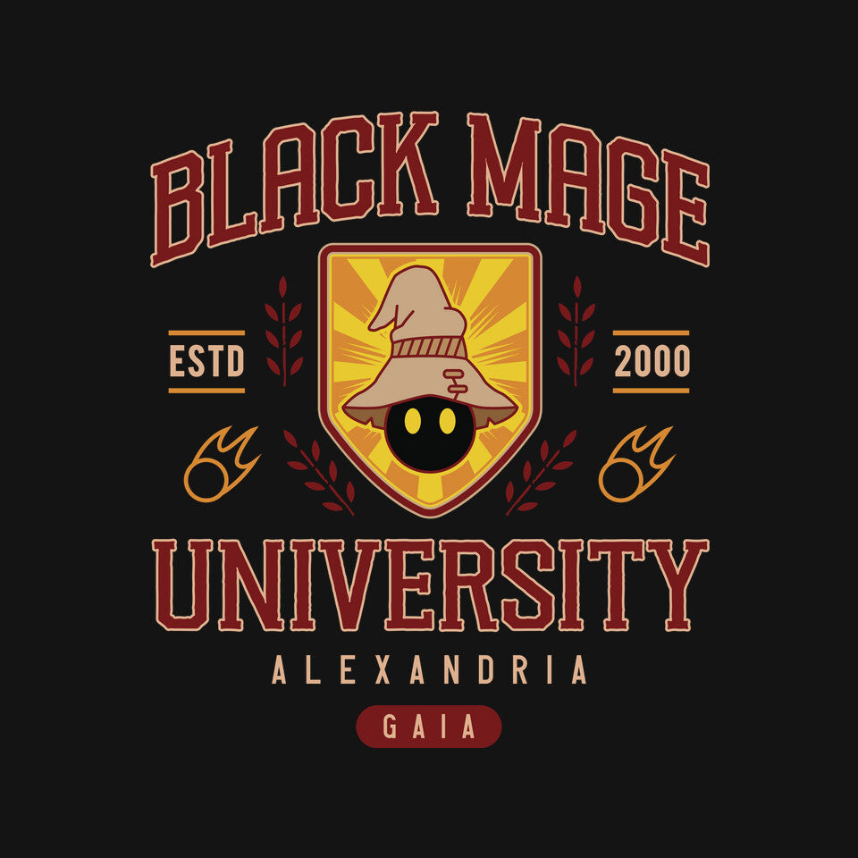 Black Mage University – Gaming Graphic T-Shirt design artwork for black graphic T-shirt