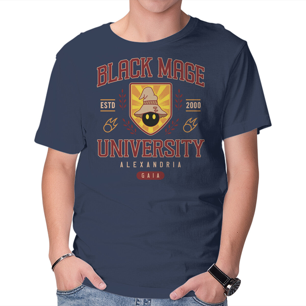 Black Mage University – Gaming Graphic T-Shirt in navy, product display