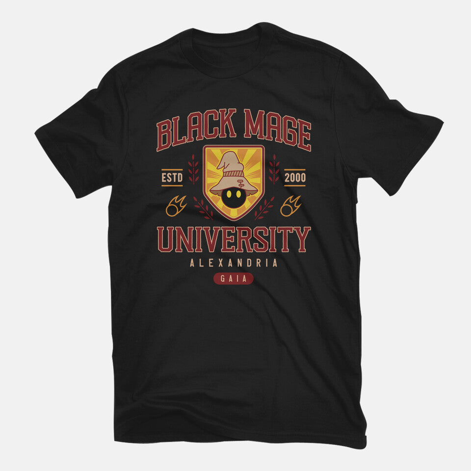Black Mage University – Gaming Graphic T-Shirt in black, flat-lay product view