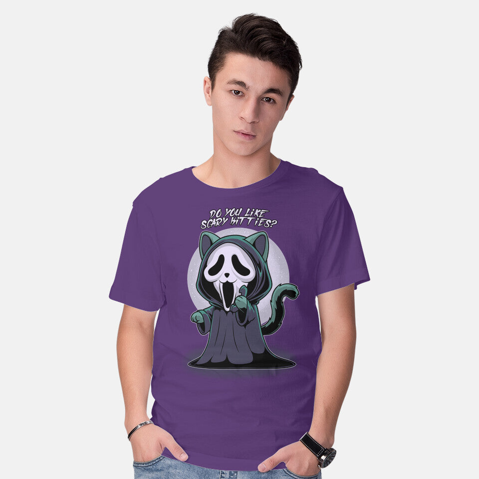 Model wearing purple Ghostcat – Cat Graphic T-Shirt