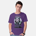 Model wearing purple Ghostcat – Cat Graphic T-Shirt