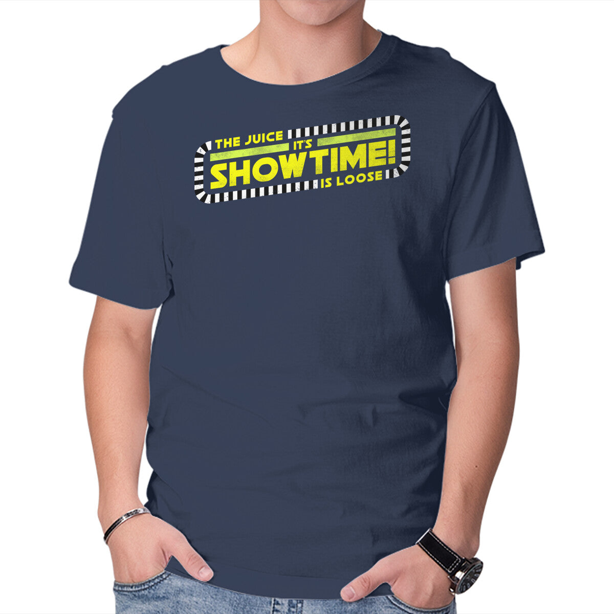 The Juice Is Loose Showtime – Horror Graphic T-Shirt in navy, product display