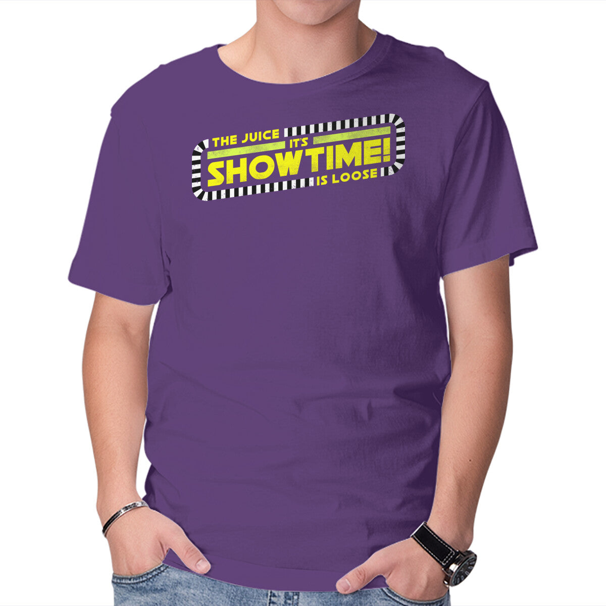The Juice Is Loose Showtime – Horror Graphic T-Shirt in purple, product display