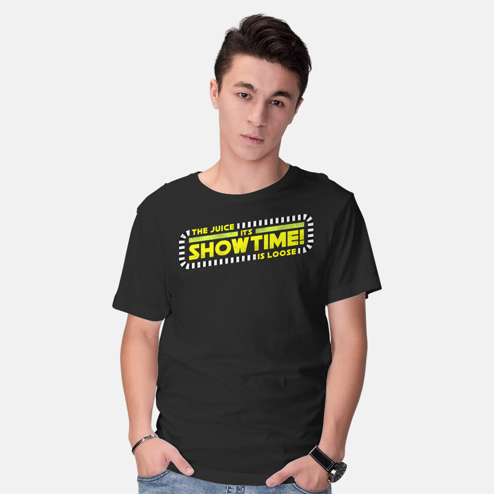 Model wearing black The Juice Is Loose Showtime – Horror Graphic T-Shirt