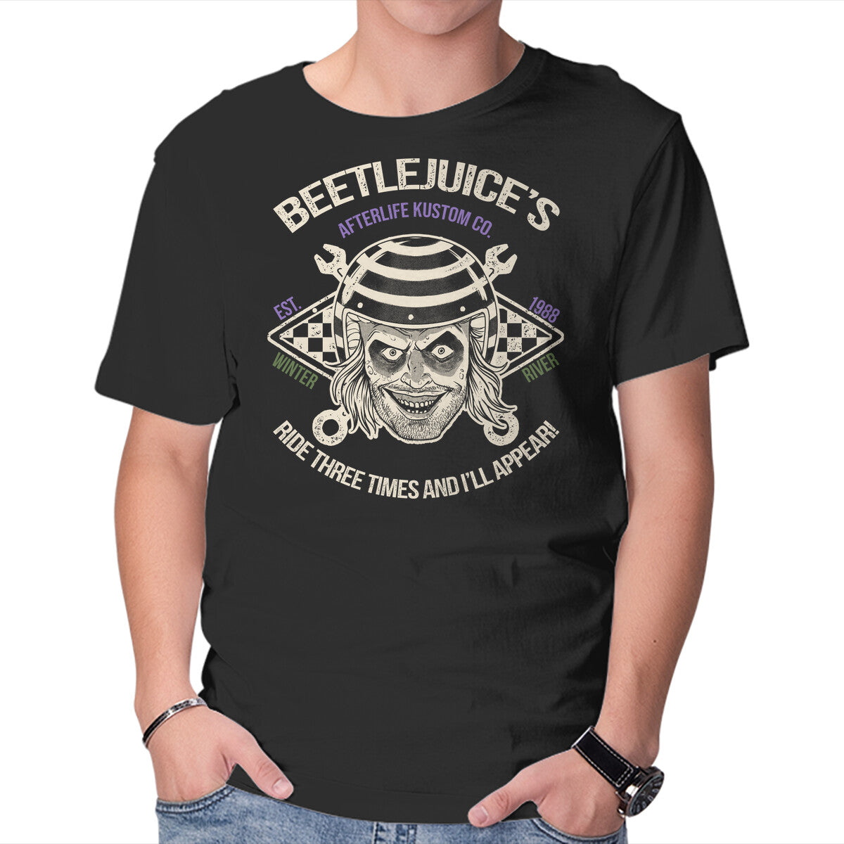 Beetlejuice's Afterlife Kustom – Horror Graphic T-Shirt in black, product display