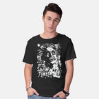 Model wearing black Show Time – Horror Graphic T-Shirt