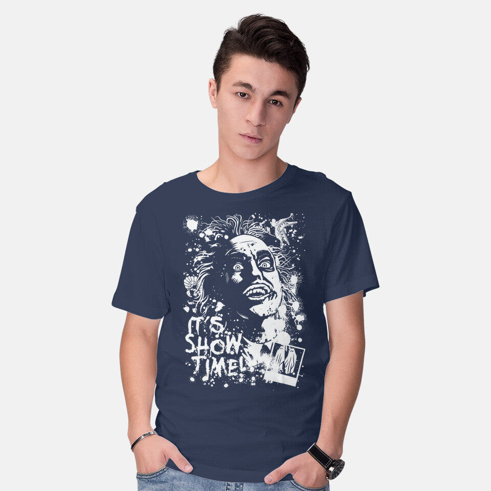 Model wearing navy Show Time – Horror Graphic T-Shirt