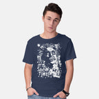 Model wearing navy Show Time – Horror Graphic T-Shirt