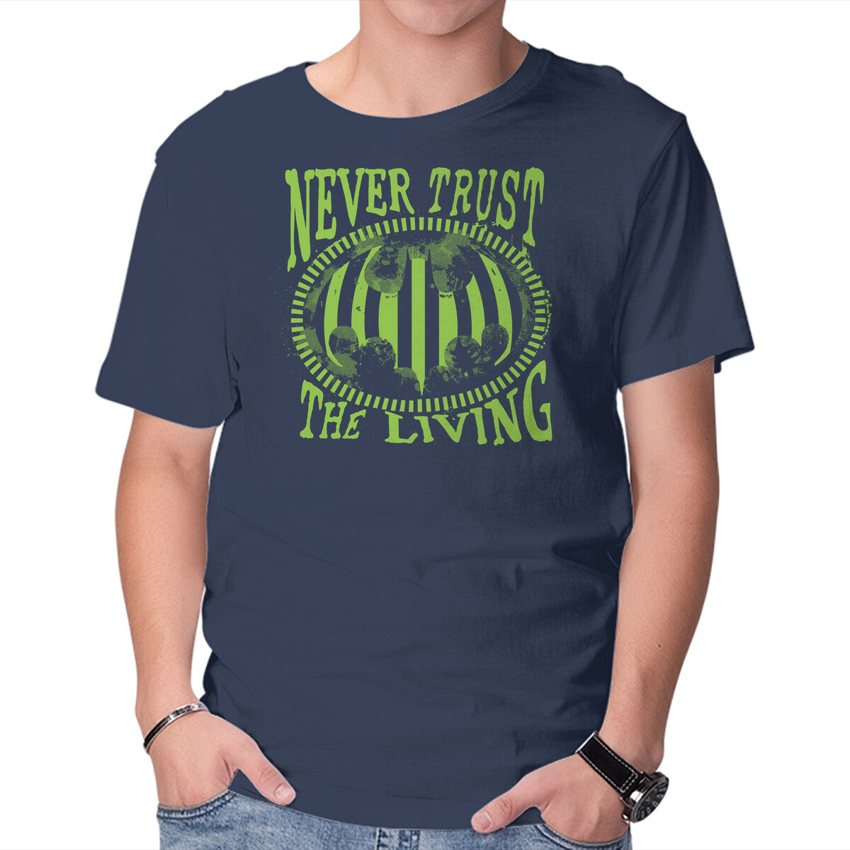 Never Trust The Living Bat – Horror Graphic T-Shirt in navy, product display