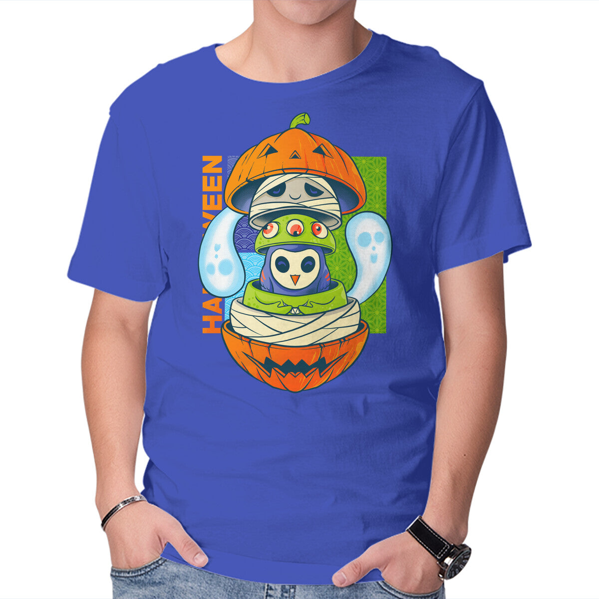 Spooky Doll – Halloween Graphic T-Shirt in royal blue, product display