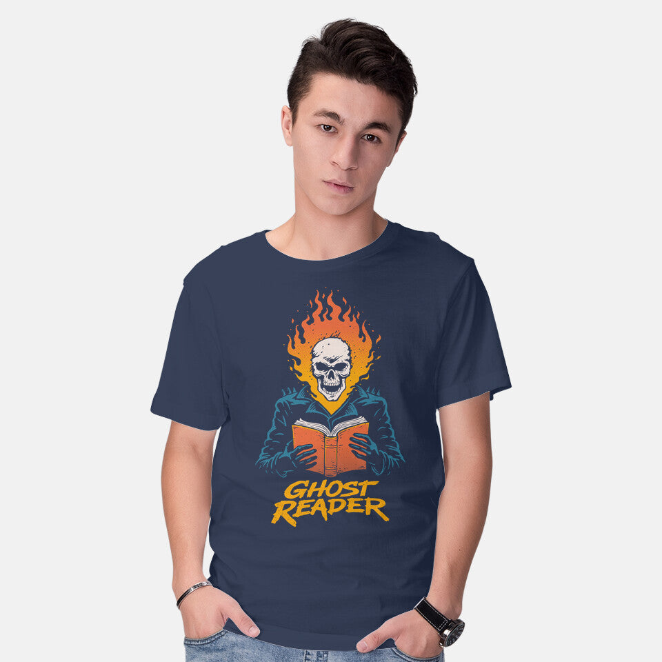 Model wearing navy Ghost Reader – Fantasy Graphic T-Shirt