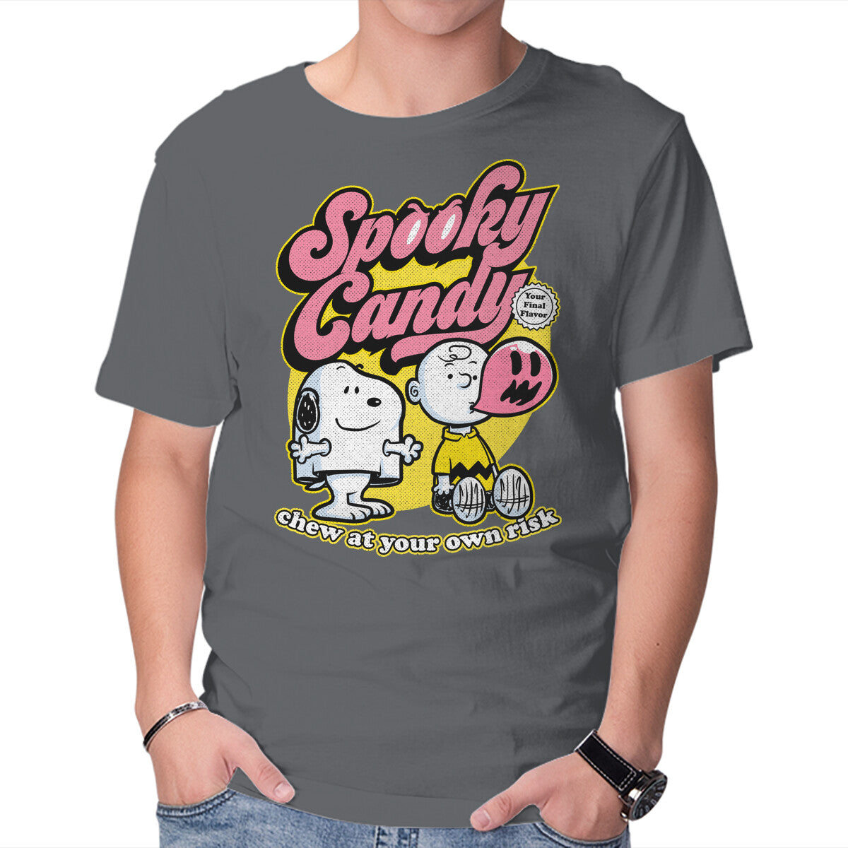 Spooky Beagle Candy – Halloween Graphic T-Shirt in charcoal, product display
