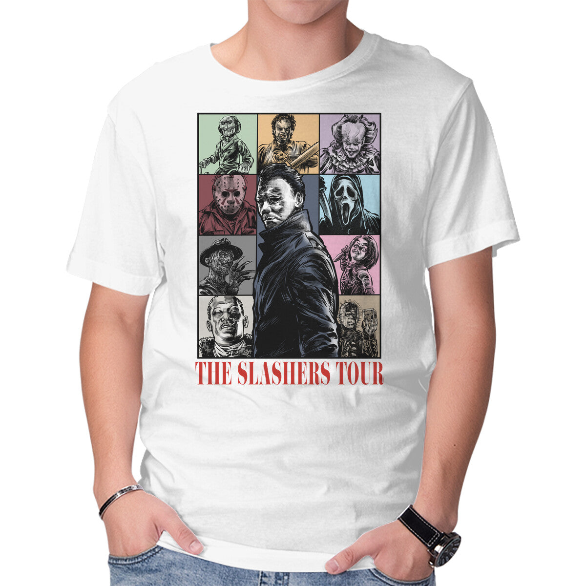 The Slashers Tour – Halloween Graphic T-Shirt in white, product display
