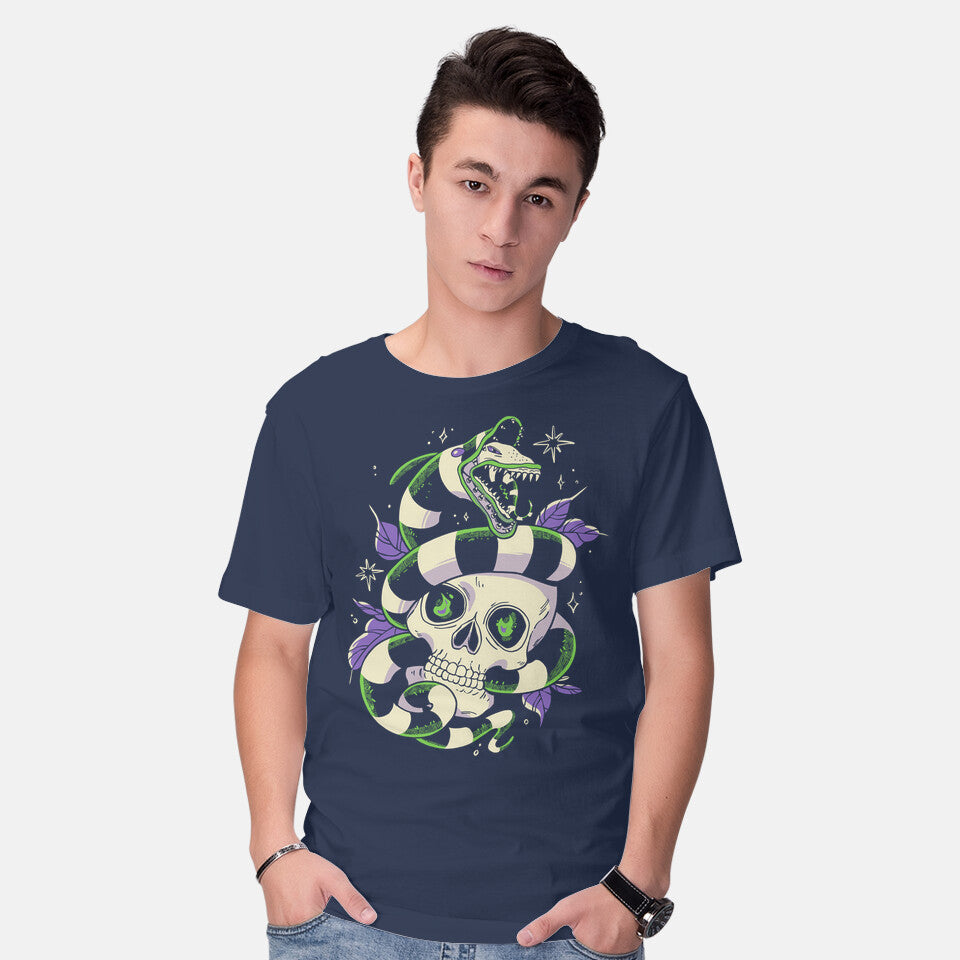 Model wearing navy Sand Worm – Horror Graphic T-Shirt
