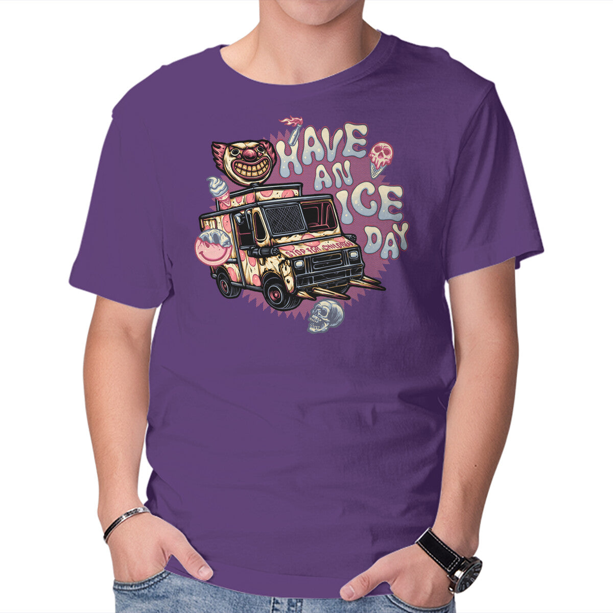 Have An Ice Day – Horror Graphic T-Shirt in purple, product display