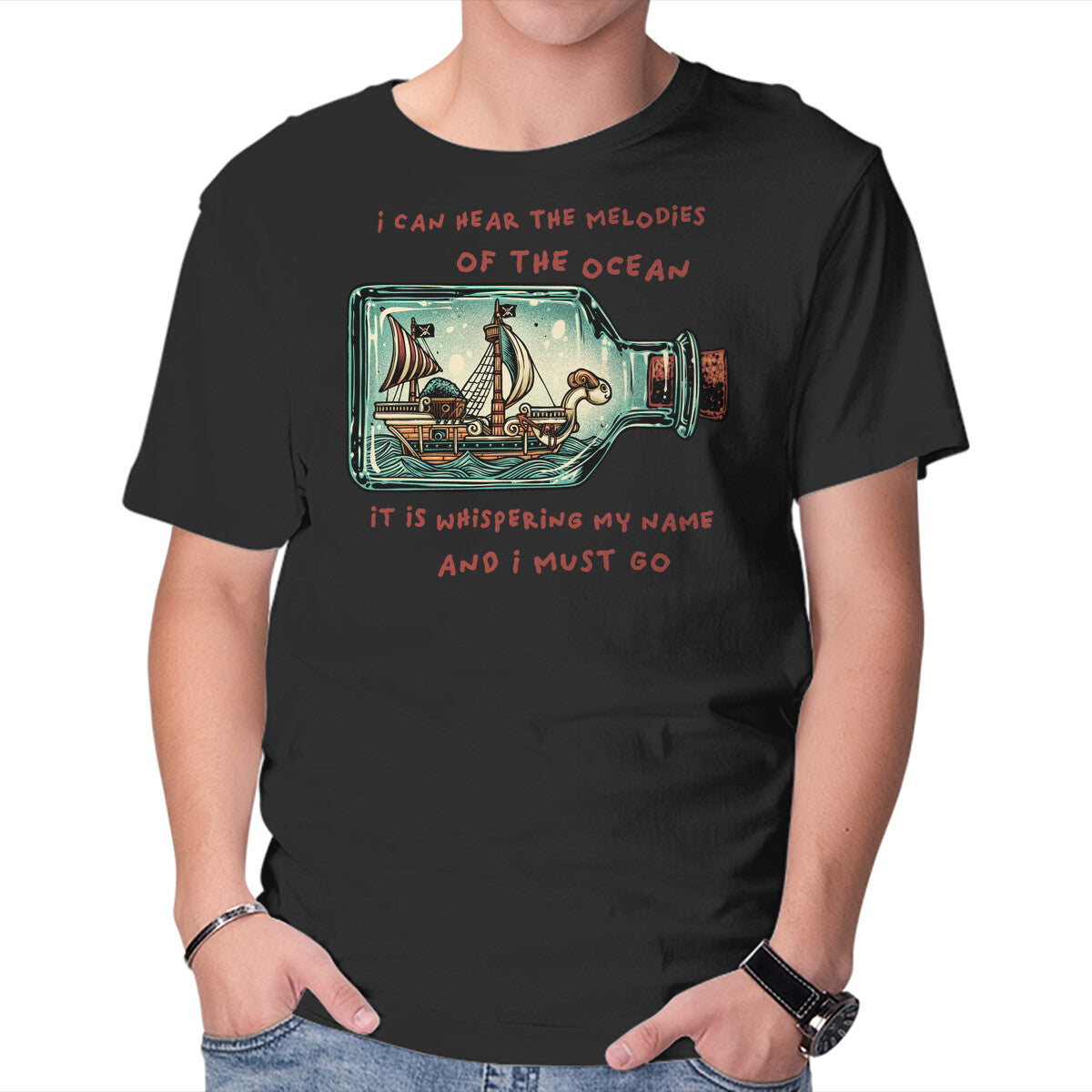Pirate Ship In A Bottle – Anime Graphic T-Shirt in black, product display