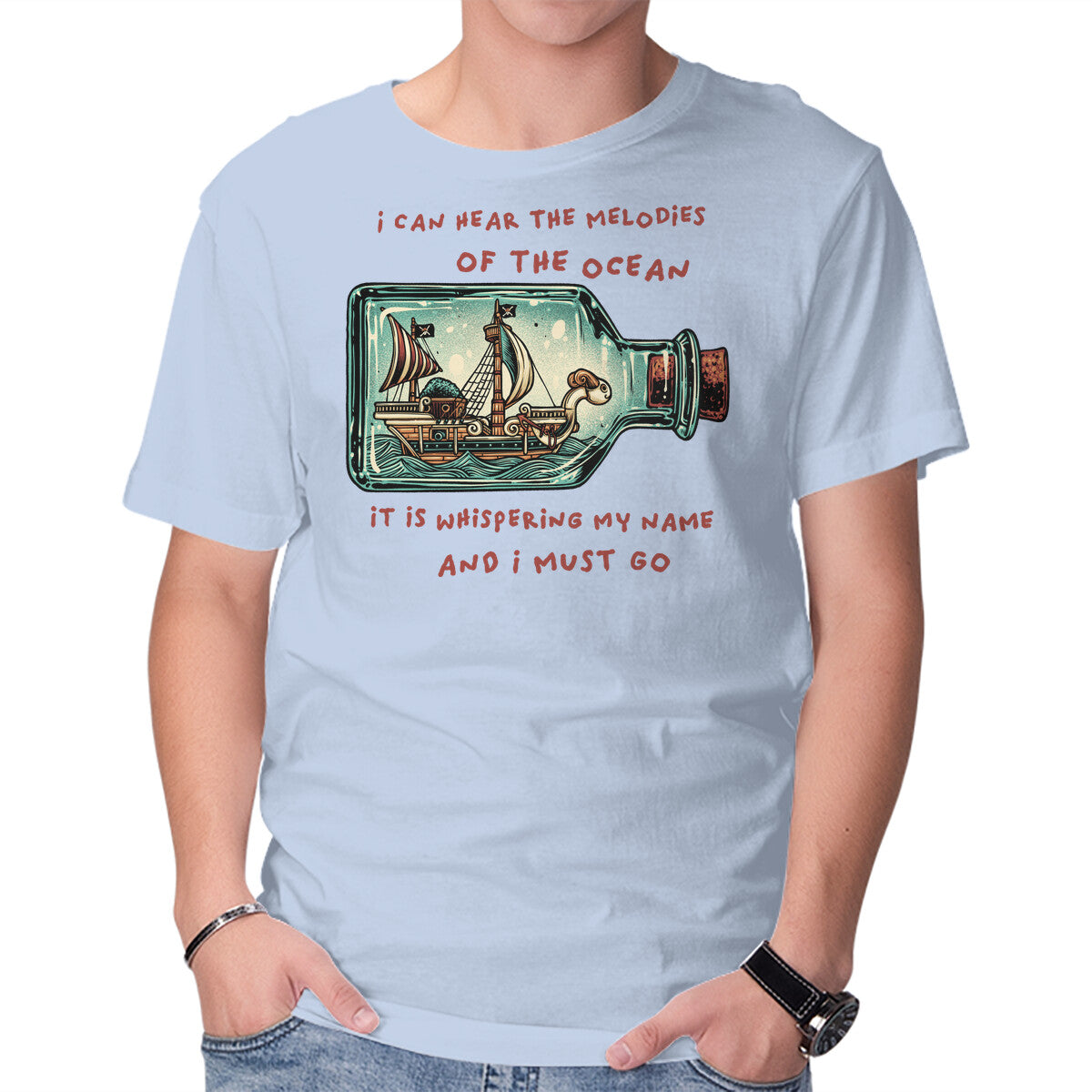Pirate Ship In A Bottle – Anime Graphic T-Shirt in blue, product display