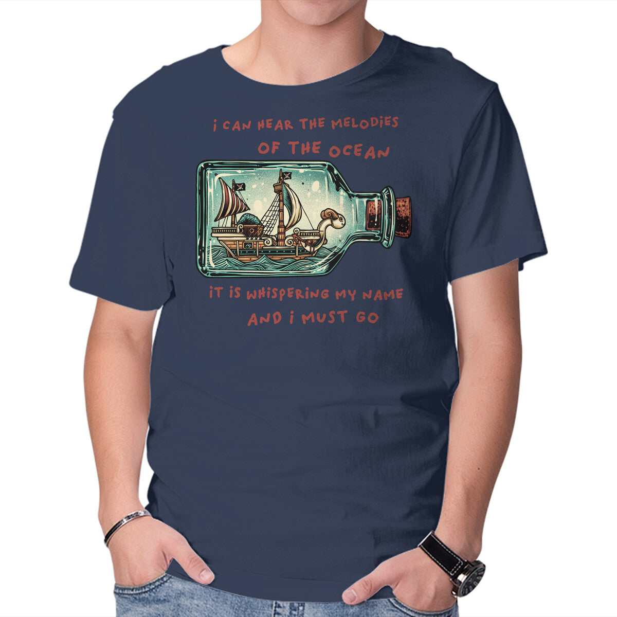Pirate Ship In A Bottle – Anime Graphic T-Shirt in navy, product display