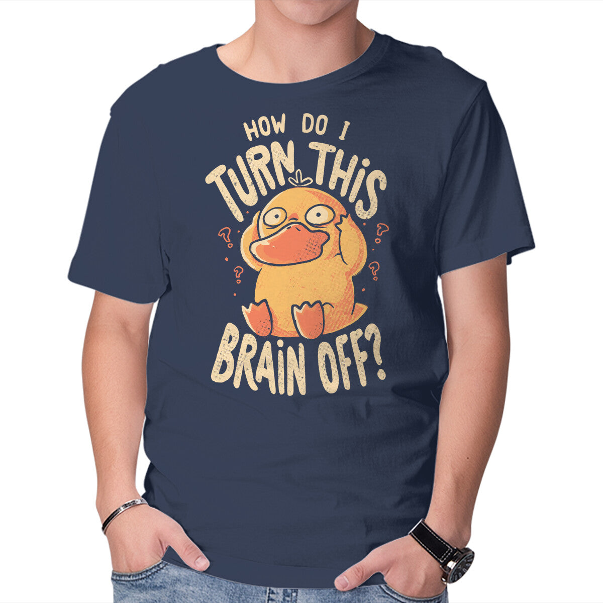 How Do I Turn This Brain Off – Anime Graphic T-Shirt in navy, product display