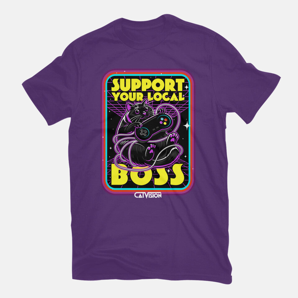 CatVision – Cat Graphic T-Shirt in purple, flat-lay product view