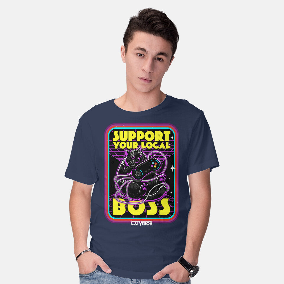Model wearing navy CatVision – Cat Graphic T-Shirt
