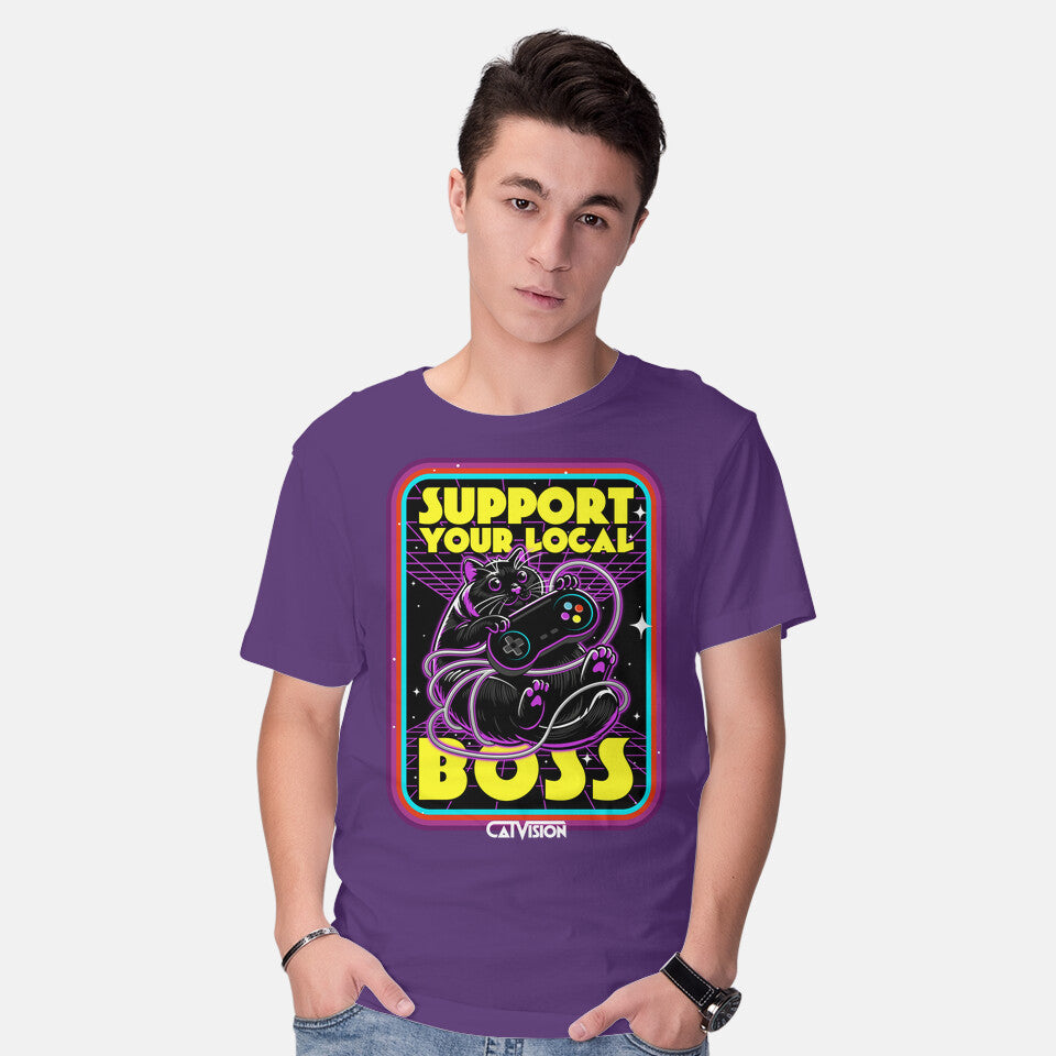 Model wearing purple CatVision – Cat Graphic T-Shirt