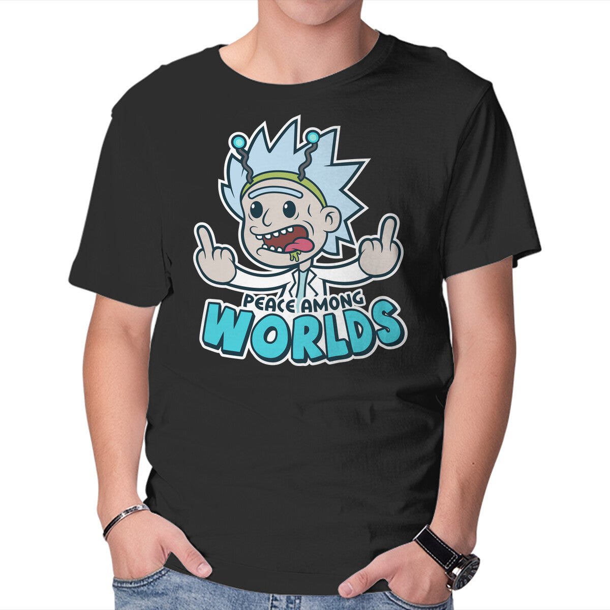 Peace Among Worlds – Sci-Fi Graphic T-Shirt in black, product display