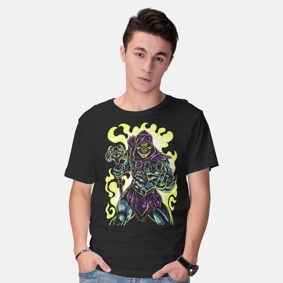 Model wearing black Evil Of The Greyskull – Fantasy Graphic T-Shirt
